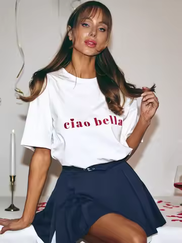 White T-Shirt with Ciao Bella Women's Harajuku Short Sleeve Casual Women's T-shirt Clothing Street T