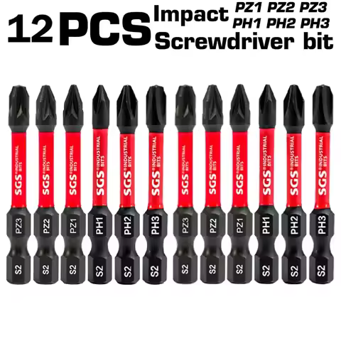 12-Piece Set of Strong Magnetic Impact Screwdriver Bits, S2 Steel, Ph1/2/3, Pz1/23, 50mm Screwdriver