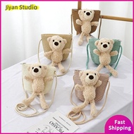 JIYAN2866 Rattan Woven Straw Bag Handmade Little Bear Shoulder Bag Fashion Large Capacity Coin Purse Summer