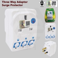 3H 13A 3 Way Adaptor Extension Socket c/w Switch 2pcs USB Slot and Neon Light (SIRIM)