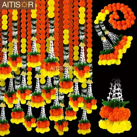 Artificial Marigold Flower Garland Plastic Wreath for Diwali Festival Mexican Day of The Dead Christ