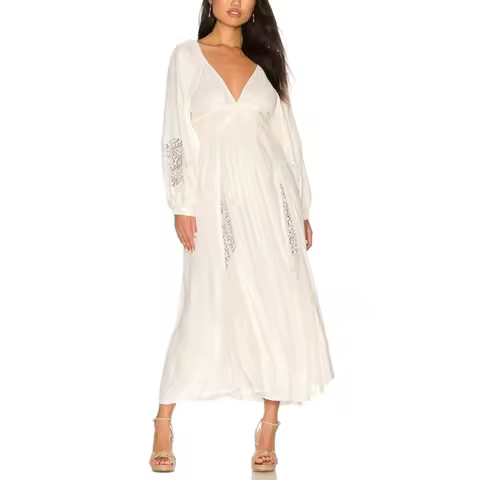 Women Lace Patchwork Bohemian Dress V Neck Cutout Loose Maxi Dress Long Sleeve Swing Cocktail Dress 