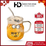 550ML TRANSPARENT EYES GLASS CUP with lid, Glass cup with straw