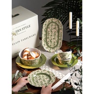 Romantic European style vintage embossed green ceramic dish Set (clip of heavenly dark blue tone, ac