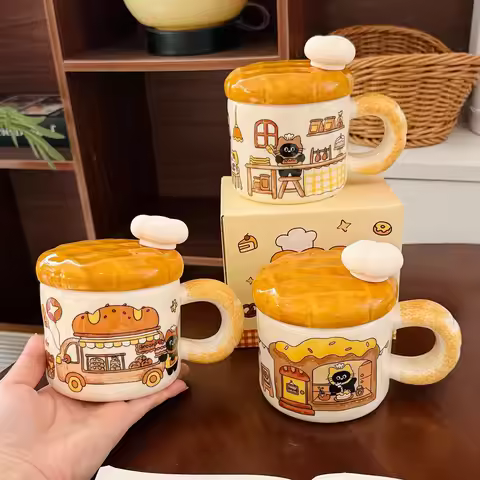 Cute Bread Cat Ceramic Mug With Lid Spoon Mug for Coffee Cup Original Coffee Cups Personalized Gift 