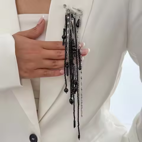 Exaggerated Long Tassel Chain Rice Bead Crystal Women's Brooch Handmade Bead Multi-layer Chain Fixed