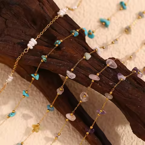 E.B.belle Natural Crushed Stone Handmade Foot Chains 18K Gold Plated Jewelry 316L Stainless Steel Br