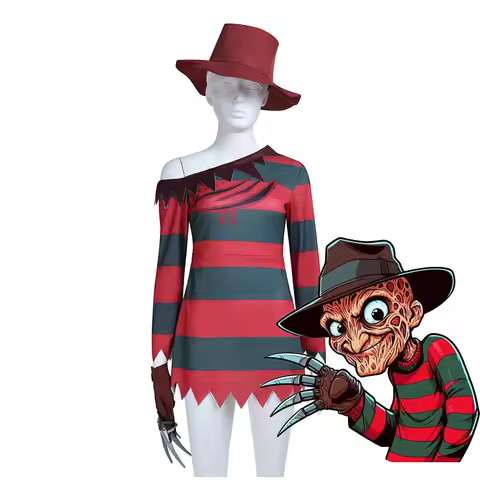 Freddy Krueger Cosplay Red Black Stripes Dress Top With Hat Halloween Gloves With Sharp Claws Costum