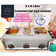 3 x 8 Liters Triple Commercial Gas Deep Fryer Oden Noodle Combo Western Fast Food Cooking Stove DAPUR ODEN FOOD