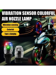 2入組LED輪胎閥門燈，USB充電震動感應輪燈，RGB輪胎閥柄裝飾燈，適用於汽車，摩托車，自行車，卡車輪胎配件