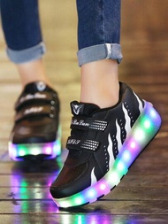 兒童春/秋季雙輪LED燈多模式可調和可充電運動鞋，具有高頻火焰，時尚多變，適合日常穿著，戶外滑冰，可拆卸和雙重使用