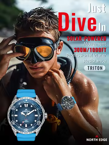 NORTH EDGE TRITON Blue Outdoor Sports Swimming 300M Waterproof Watch for Man Sun Solar Powered Lumin