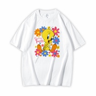 Pure Cotton Ready Stock Summer Tweety Bird Tweety Bird Cartoon Anime Print Short Sleeve Loose Round 
