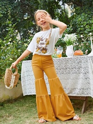 SHEIN Chica Preadolescente Eslogan Y Floral Imprimir Drop Hombro Tee &amp; Pantalones De Pierna Acampanada