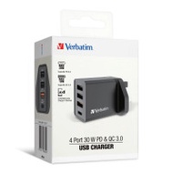 VERBATIM 4端口 30W PD &amp; QC 3.0 USB 充電器 (66892) - 黑色 | 可為4部裝置充電 | 香港行貨