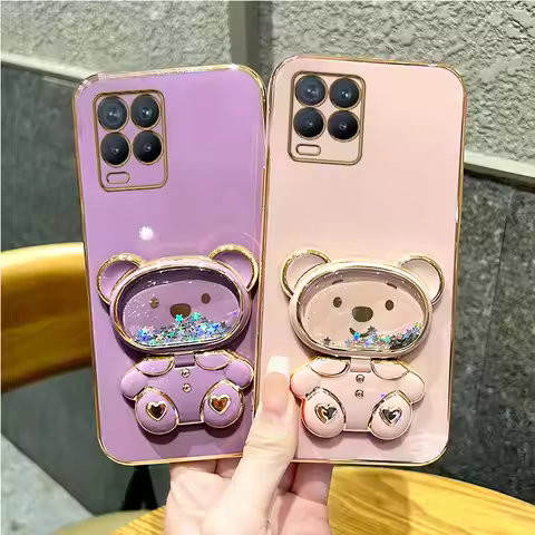 Quicksand Mirror Bear Phone Holder Case On For Oppo Realme 8 Pro 5i 6i 8i 9 10 C20 C21Y C11 C25Y C30