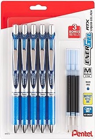 Pentel EnerGel Liquid Gel Ink Pens 0.7 mm - Pack of 5 Blue Deluxe RTX Energel Pens with 3 Refills