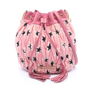 【二手】Miu Miu MATELASSE 水桶包 星形圖案 5BE014 粉紅色帆布皮革絎縫水桶包 女款