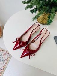 LT32- Giày mint mũi nhọn da bóng nơ ria mèo cao 7cm Alex Sara