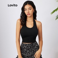 Lovito Women Casual Tank Top Plain Crop Halter Sleeveless Tank Top L21AS054 (Black)