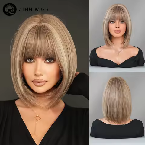 7JHH WIGS Synthetic Short Straight Ash Brown Bob Wig for Women High Density Layered Highlight Blonde