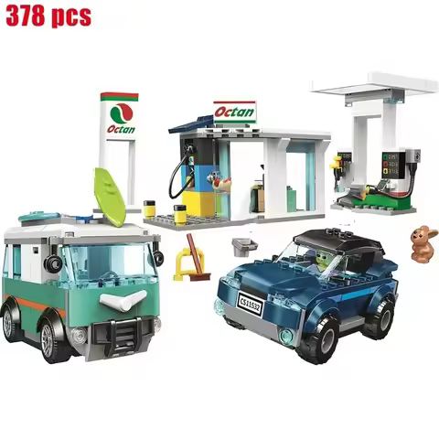 Compatible City series car service station model gas station racing sports car assembling building b