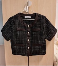 女裝 小香風 黑色格仔上衣 圓領短身上衣 短袖衫 正裝襯衫 粗花呢外套 T恤 短褸 西裝 OL 返工衫 上班 休閒 均碼 Women short-sleeved top short sleeve sh