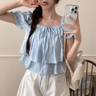 Áo Sơ Mi Nữ Phong Cách Hàn Quốc Sang Trọng Lịch Sự Double Layer Ruffle Bubble Sleeve Cổ Vuông Tay Ng