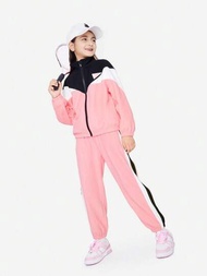 Annil兒童春秋時尚對比色運動加絨夾克和褲子套裝粉色2件套