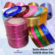 satin ribbon 1/4inch/ satin riben 1/4inch/ gold line satin riben/ silver line satin riben/ reben gol