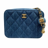 CHANEL 香奈兒 側背包 AP2463 牛仔金球相機包  藍色 金釦