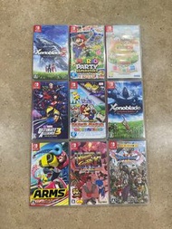 Switch games, 異度神劍1/2, Mario party superstar, 礦石鎮, marvel ultimate alliance 3, paper Mario, arms, street fighter, dragon quest