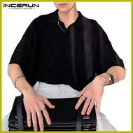✻ ┛ ◊ INCERUN Men's Fashion Polo Neck Texture Short Sleeve Shirt  POLO Shirts
