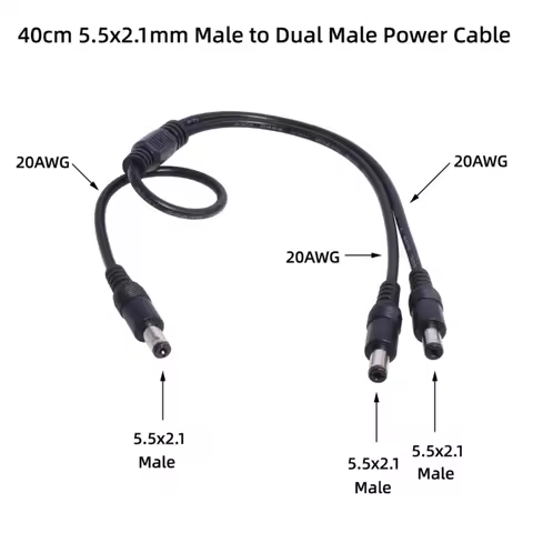 40cm DC Y Splitter Power Cable 18AWG 5.5x2.1mm Male to Dual 5.5x2.1mm Male Supply Splitter Cable for