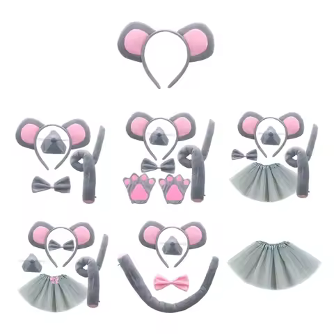 652F 1/4/5Pcs Mouse Costume for Kids-Mouse Ears Headband Tail Bowtie Tail Nose Gloves Skirt Animal C