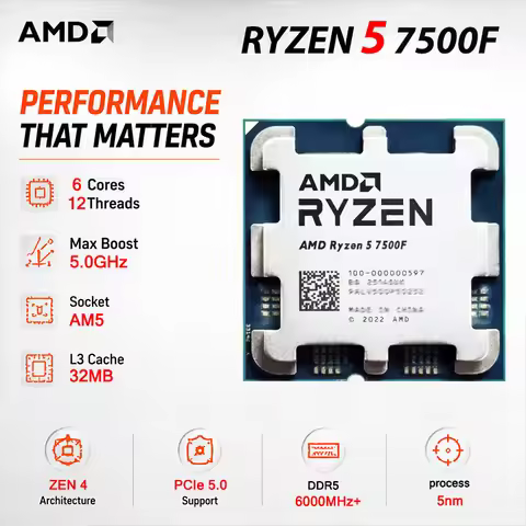 7500F AMD CPU Processor New R5 7500F 3.7GHz 5NM L3=32M 100-000001015 Socket AM5 but without cooler