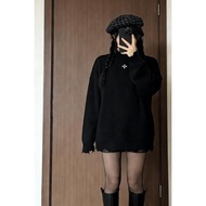 Slimming Lazy Style Frayed Edge Sweater ins Loose-fitting Black Knit Sweater for Outerwear2025New St