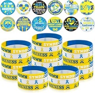 60 Pcs Down Syndrome Accessories Bulk Include 30 Blue Yellow Ribbon Awareness Silicone Bracelets and