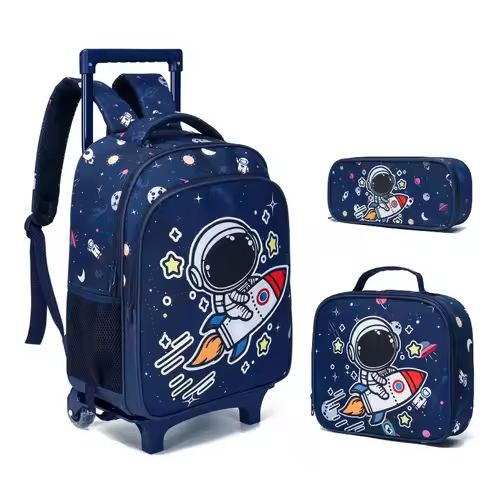 Children Astronaut School Trolley Backpack Boys Rolling Backpack Trolley School Bag with Wheels Whee