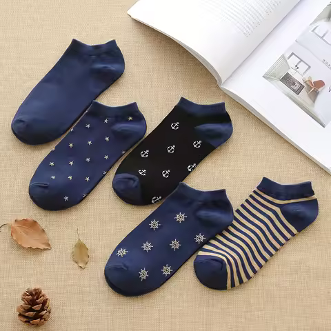 5 Pairs of Mixed-Color Nautical Style Casual Couple Ankle Socks, Low-Cut Men's Socks, Women's Ankle
