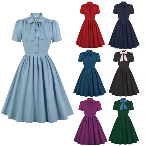 Women Vintage Ruffled Dress Retro Rockabilly Elegant Cocktail Party 1950s 40s Swing Dress Summer Dre
