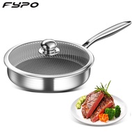 Fypo 26/28cm 410 stainless steel frying pan Honeycomb texture non-stick stir-fry pans with glass lid gas induction skillet steak pan