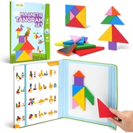 BenBen Travel Tangram Puzzle, Magnetic Wooden Shape Pattern Jigsaw with IQ Challenge Book, Car Airpl