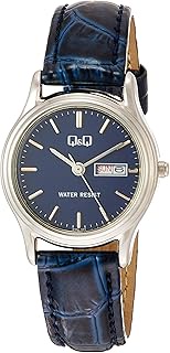 Citizen Q&amp;Q A205-302 Women's Wristwatch, Analog Waterproof, Date, Week, Leather Strap, Navy, Dial Color - Blue, Watch with date and day display, 3 year battery, casual