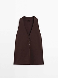 เสื้อกั๊กถักสีน้ำตาลคอวีลึกแขนกุดสไตล์ Old Money สำหรับผู้หญิง ฤดูใบไม้ผลิ 2024 เสื้อผ้าทำงานสีพื้น