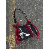 H HIATUS Retro Simple Nylon Cloth Chain Bow Shoulder Tote Bag Casual Lightweight Contrast Color Moto