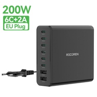Rocoren 200W USB Type C ที่ชาร์จ8 In 1ที่ชาร์จแบบเร็ว PD QC เครื่องชาร์จตั้งโต๊ะ8พอร์ตสำหรับ iPhone