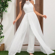 Bộ đồ liền thân thanh lịch không tay cổ yếm ren cho nữ cạp cao không tay quần ống rộng vải voan tua 
