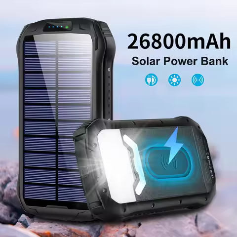 26800mAh Solar Wireless Power Bank With LED Light Portable External Battery QC3.0 Fast Charge Powerb