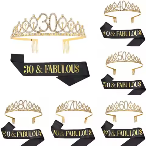Birthday Tiara Crown Sash Women Girls 30th 40th 50th 60th 70th 80th Birthday Decor Gift